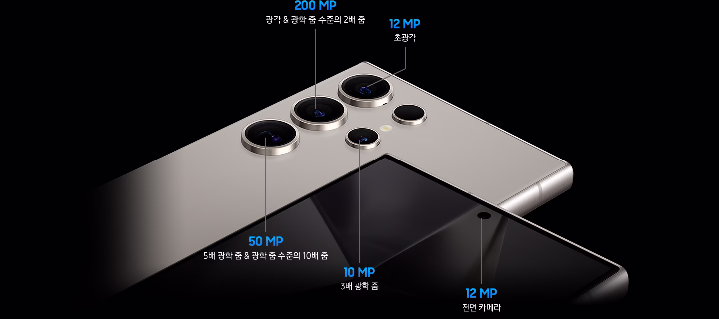 후면 카메라  200 MP 광각 & 광학 줌 수준의 2배  12 MP 초광각  50 MP 5배 광학 줌 & 광학 줌 수준의 10배 10 MP 3배 광학 줌   전면 카메라  12 MP 전면 카메라 
