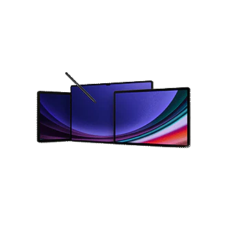 갤럭시 탭 S9 제품 이미지입니다. 3개 제품이 겹쳐져 있고 원형의 그래픽이 3개 화면에 걸쳐 나타납니다.