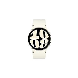 갤럭시 워치6 제품 이미지입니다. 흰색 밴드로 되어있고 화면에는 입체적으로 10:08 이라고 적혀 있습니다.