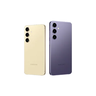 갤럭시 S24, 갤럭시 S24+ 제품 이미지입니다. 앰버 옐로우 색상의 갤럭시 S24 후면이 보이고, 그 옆에는 코발트 바이올렛 색상의 갤럭시 S24+ 후면이 보입니다.